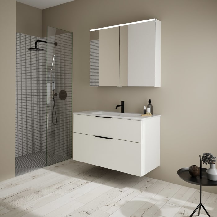 burgbad Eqio Badmöbel-Set 102 cm mit Keramik-Waschtisch Slim und Unterschrank mit Griff G0200, mit Spiegelschrank