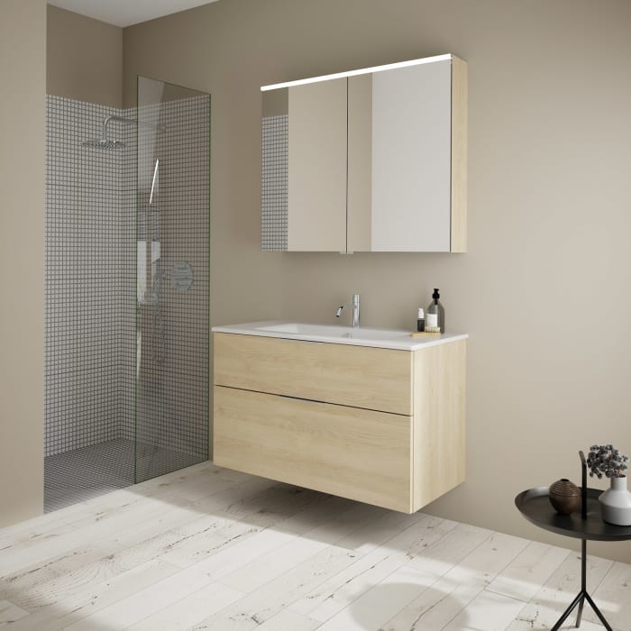 burgbad Eqio Badmöbel-Set 102 cm mit Keramik-Waschtisch Slim und Unterschrank mit Griff G0146, mit Spiegelschrank