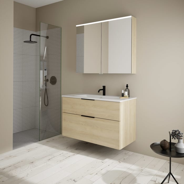 burgbad Eqio Badmöbel-Set 102 cm mit Keramik-Waschtisch Slim und Unterschrank mit Griff G0200, mit Spiegelschrank