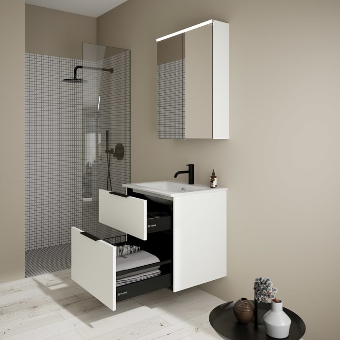 burgbad Eqio Badmöbel-Set 65 cm mit Keramik-Waschtisch Slim und Unterschrank mit Griff G0200, mit Spiegelschrank