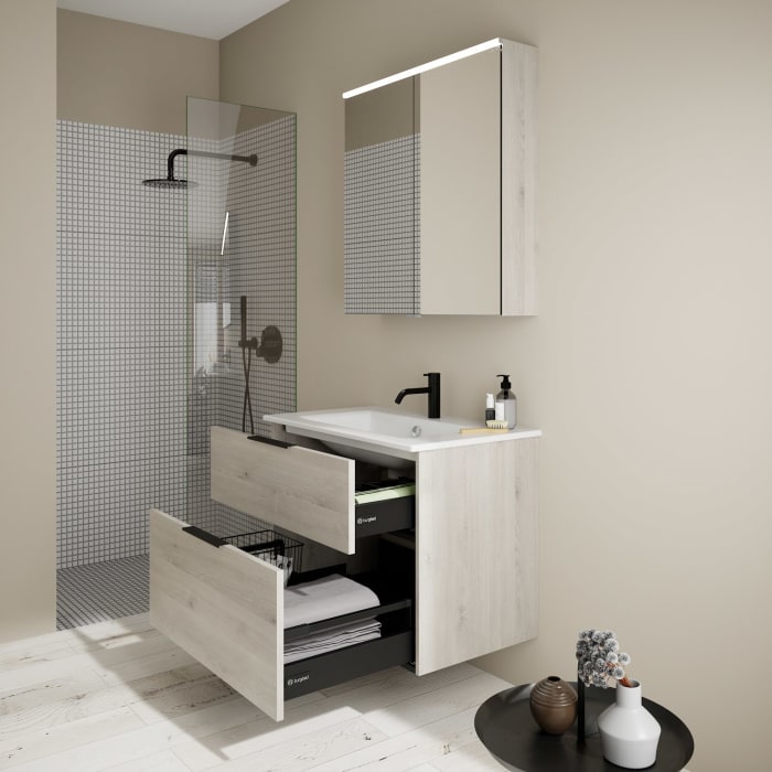 burgbad Eqio Badmöbel-Set 82 cm mit Keramik-Waschtisch Slim und Unterschrank mit Griff G0200, mit Spiegelschrank