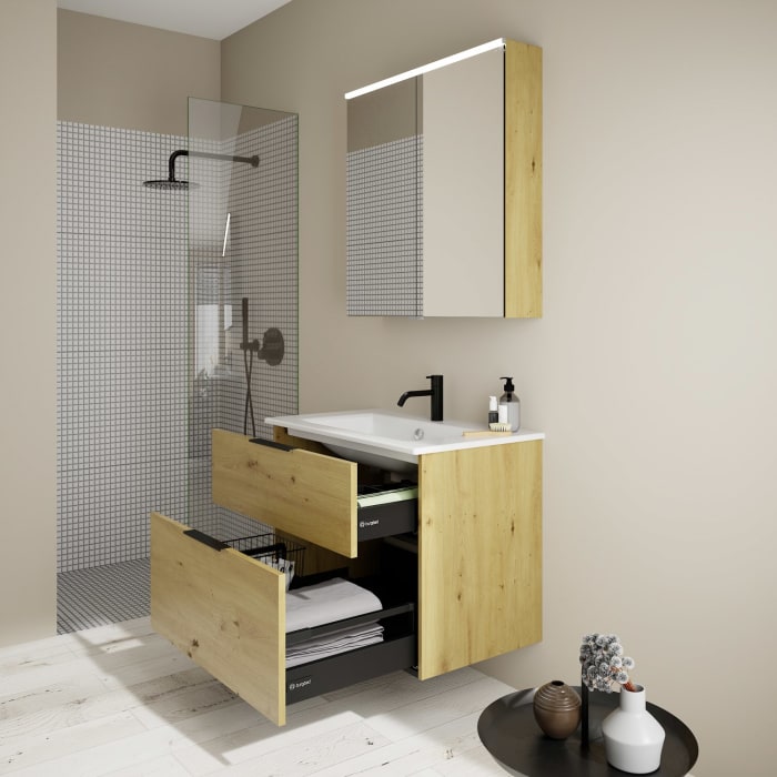 burgbad Eqio Badmöbel-Set 82 cm mit Keramik-Waschtisch Slim und Unterschrank mit Griff G0200, mit Spiegelschrank