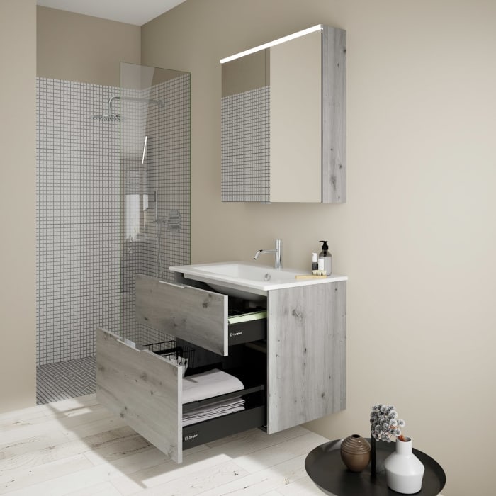 burgbad Eqio Badmöbel-Set 82 cm mit Keramik-Waschtisch Slim und Unterschrank mit Griff G0146, mit Spiegelschrank