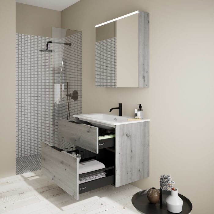 burgbad Eqio Badmöbel-Set 82 cm mit Keramik-Waschtisch Slim und Unterschrank mit Griff G0200, mit Spiegelschrank