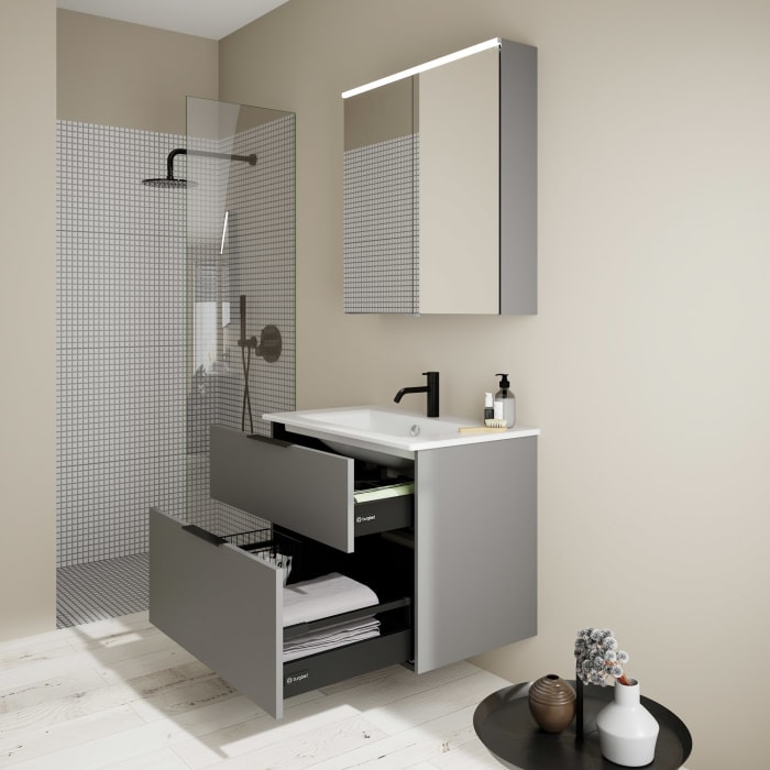 burgbad Eqio Badmöbel-Set 82 cm mit Keramik-Waschtisch Slim und Unterschrank mit Griff G0200, mit Spiegelschrank