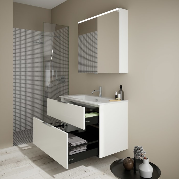 burgbad Eqio Badmöbel-Set 92 cm mit Keramik-Waschtisch Slim und Unterschrank mit Griff G0146, mit Spiegelschrank