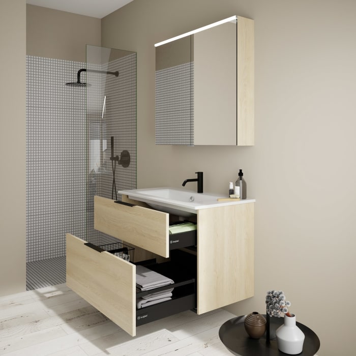 burgbad Eqio Badmöbel-Set 92 cm mit Keramik-Waschtisch Slim und Unterschrank mit Griff G0200, mit Spiegelschrank