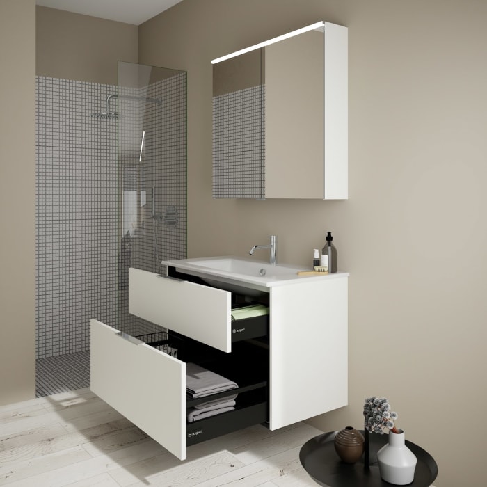 burgbad Eqio Badmöbel-Set 92 cm mit Keramik-Waschtisch Slim und Unterschrank mit Griff G0146, mit Spiegelschrank