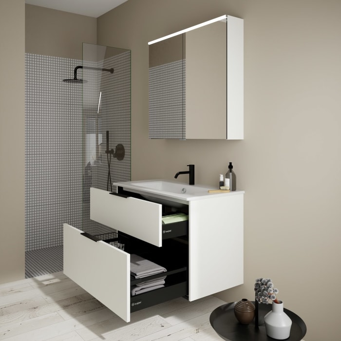 burgbad Eqio Badmöbel-Set 92 cm mit Keramik-Waschtisch Slim und Unterschrank mit Griff G0200, mit Spiegelschrank