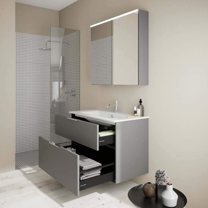 burgbad Eqio Badmöbel-Set 92 cm mit Keramik-Waschtisch Slim und Unterschrank mit Griff G0146, mit Spiegelschrank