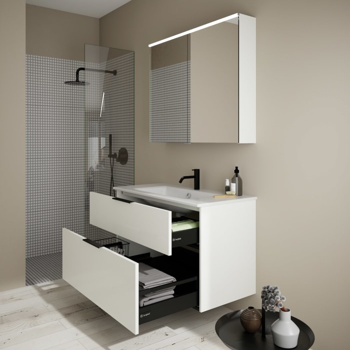 burgbad Eqio Badmöbel-Set 102 cm mit Keramik-Waschtisch Slim und Unterschrank mit Griff G0200, mit Spiegelschrank