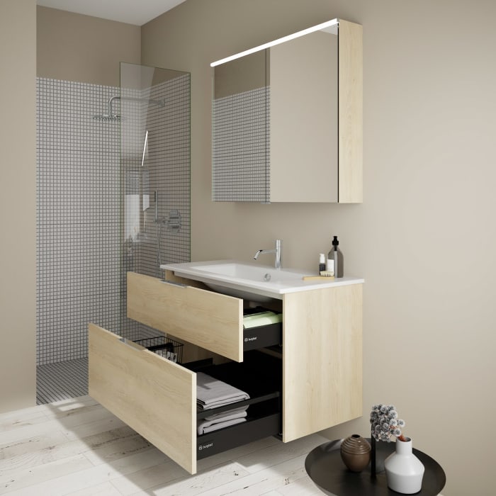 burgbad Eqio Badmöbel-Set 102 cm mit Keramik-Waschtisch Slim und Unterschrank mit Griff G0146, mit Spiegelschrank