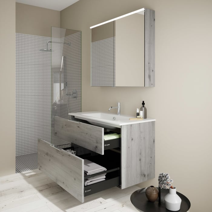 burgbad Eqio Badmöbel-Set 102 cm mit Keramik-Waschtisch Slim und Unterschrank mit Griff G0146, mit Spiegelschrank