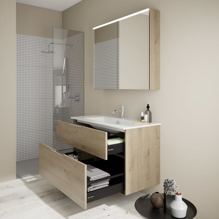 burgbad Eqio Badmöbel-Set 102 cm mit Keramik-Waschtisch Slim und Unterschrank mit Griff G0146, mit Spiegelschrank