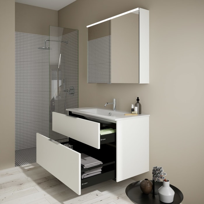 burgbad Eqio Badmöbel-Set 102 cm mit Keramik-Waschtisch Slim und Unterschrank mit Griff G0146, mit Spiegelschrank