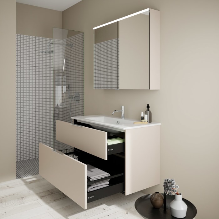 burgbad Eqio Badmöbel-Set 102 cm mit Keramik-Waschtisch Slim und Unterschrank mit Griff G0146, mit Spiegelschrank