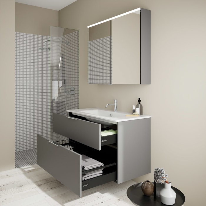 burgbad Eqio Badmöbel-Set 102 cm mit Keramik-Waschtisch Slim und Unterschrank mit Griff G0146, mit Spiegelschrank