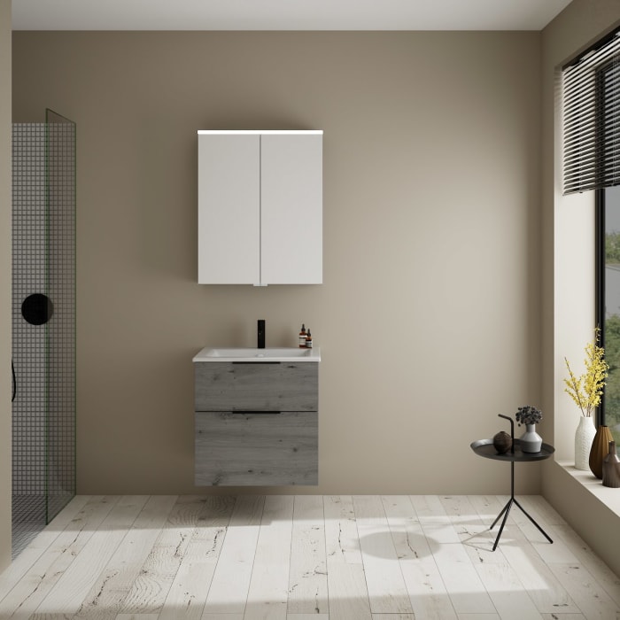 burgbad Eqio Badmöbel-Set 65 cm mit Keramik-Waschtisch Slim und Unterschrank mit Griff G0200, mit Spiegelschrank