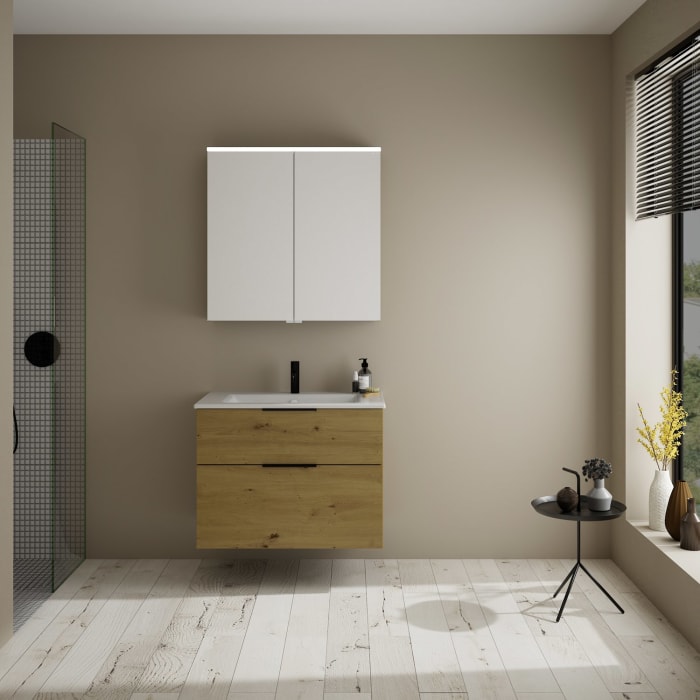 burgbad Eqio Badmöbel-Set 82 cm mit Keramik-Waschtisch Slim und Unterschrank mit Griff G0200, mit Spiegelschrank