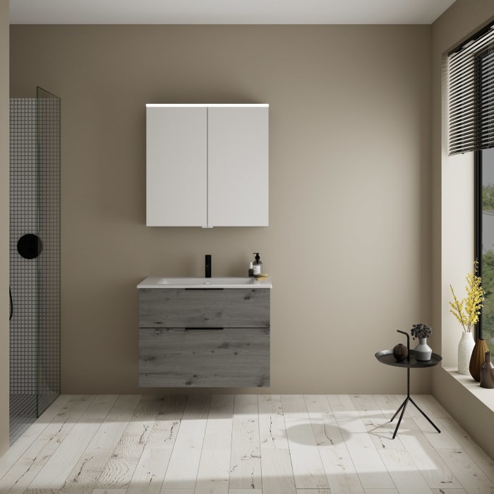 burgbad Eqio Badmöbel-Set 82 cm mit Keramik-Waschtisch Slim und Unterschrank mit Griff G0200, mit Spiegelschrank