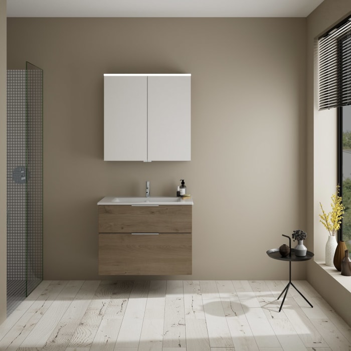 burgbad Eqio Badmöbel-Set 82 cm mit Keramik-Waschtisch Slim und Unterschrank mit Griff G0146, mit Spiegelschrank