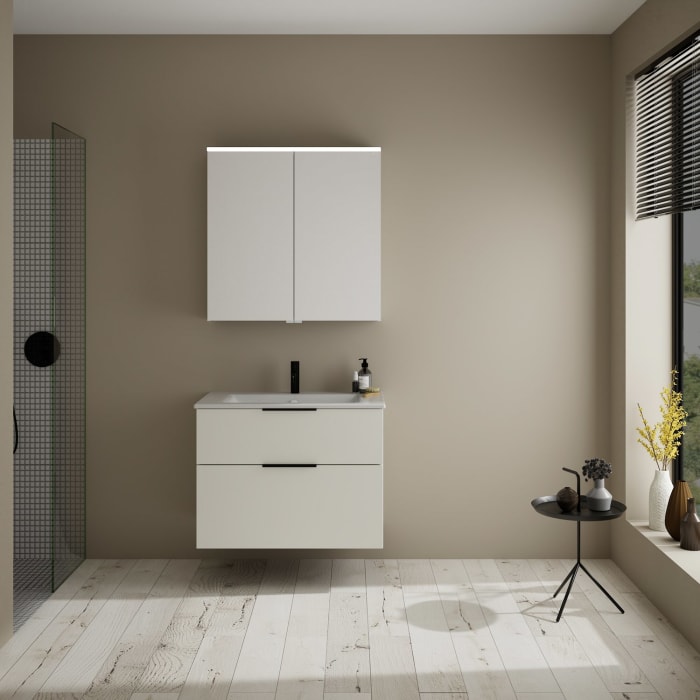 burgbad Eqio Badmöbel-Set 82 cm mit Keramik-Waschtisch Slim und Unterschrank mit Griff G0200, mit Spiegelschrank