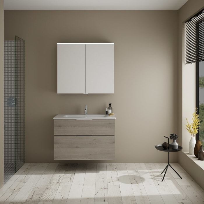 burgbad Eqio Badmöbel-Set 92 cm mit Keramik-Waschtisch Slim und Unterschrank mit Griff G0146, mit Spiegelschrank