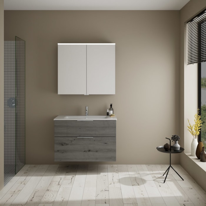 burgbad Eqio Badmöbel-Set 92 cm mit Keramik-Waschtisch Slim und Unterschrank mit Griff G0146, mit Spiegelschrank