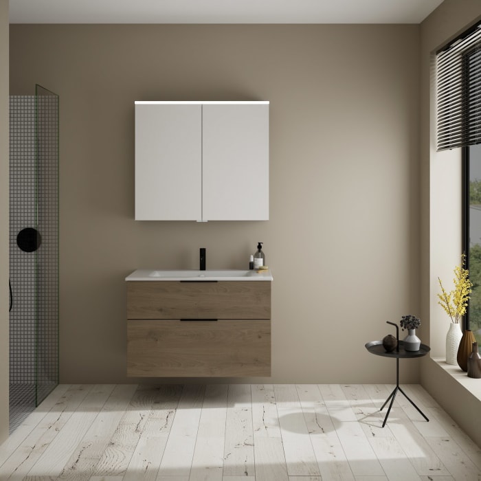 burgbad Eqio Badmöbel-Set 92 cm mit Keramik-Waschtisch Slim und Unterschrank mit Griff G0200, mit Spiegelschrank