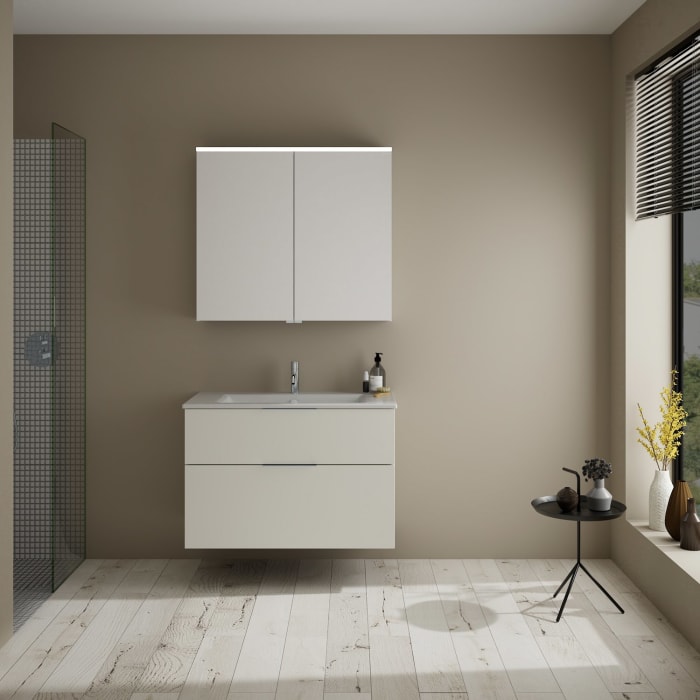 burgbad Eqio Badmöbel-Set 92 cm mit Keramik-Waschtisch Slim und Unterschrank mit Griff G0146, mit Spiegelschrank