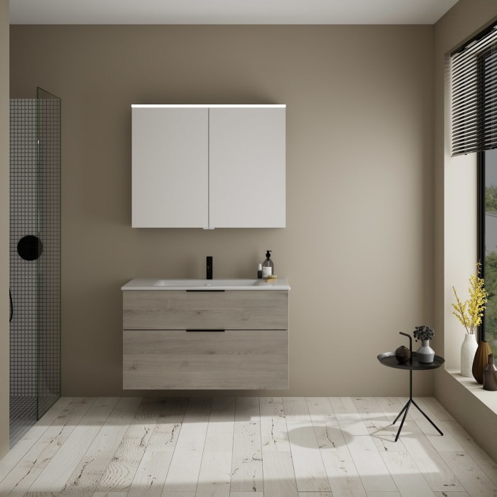 burgbad Eqio Badmöbel-Set 102 cm mit Keramik-Waschtisch Slim und Unterschrank mit Griff G0200, mit Spiegelschrank