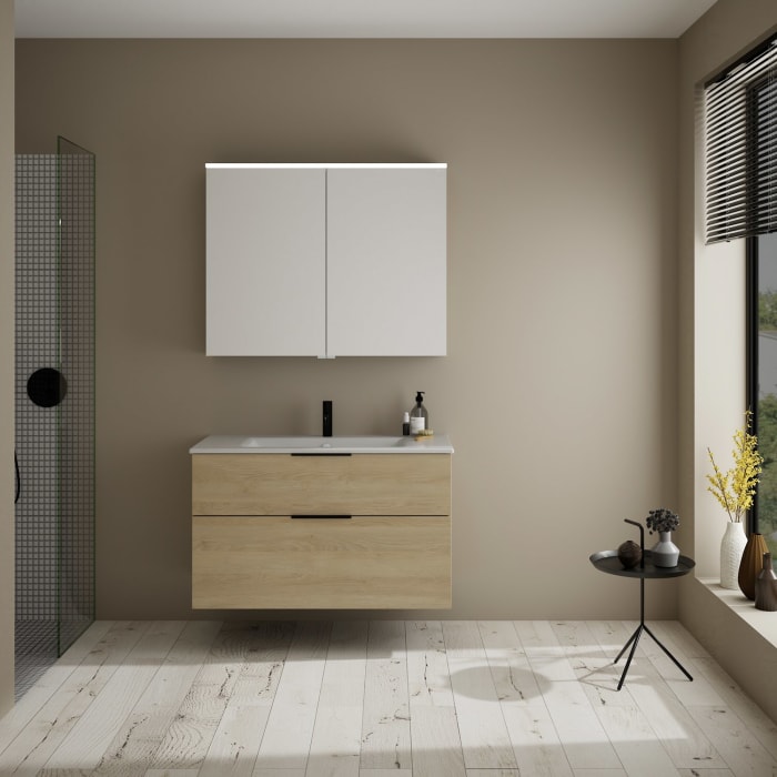 burgbad Eqio Badmöbel-Set 102 cm mit Keramik-Waschtisch Slim und Unterschrank mit Griff G0200, mit Spiegelschrank