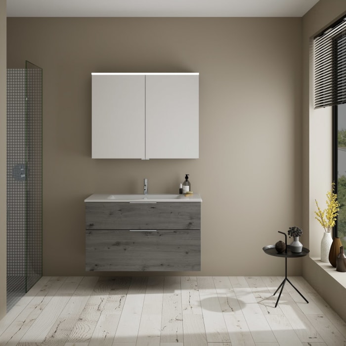 burgbad Eqio Badmöbel-Set 102 cm mit Keramik-Waschtisch Slim und Unterschrank mit Griff G0146, mit Spiegelschrank