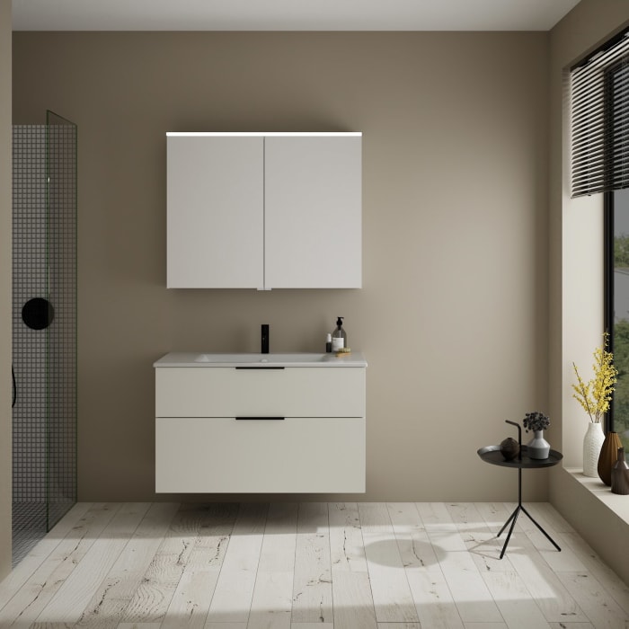 burgbad Eqio Badmöbel-Set 102 cm mit Keramik-Waschtisch Slim und Unterschrank mit Griff G0200, mit Spiegelschrank