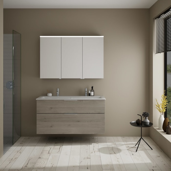 burgbad Eqio Badmöbel-Set 122 cm mit Keramik-Waschtisch Slim und Unterschrank mit Griff G0146, mit Spiegelschrank