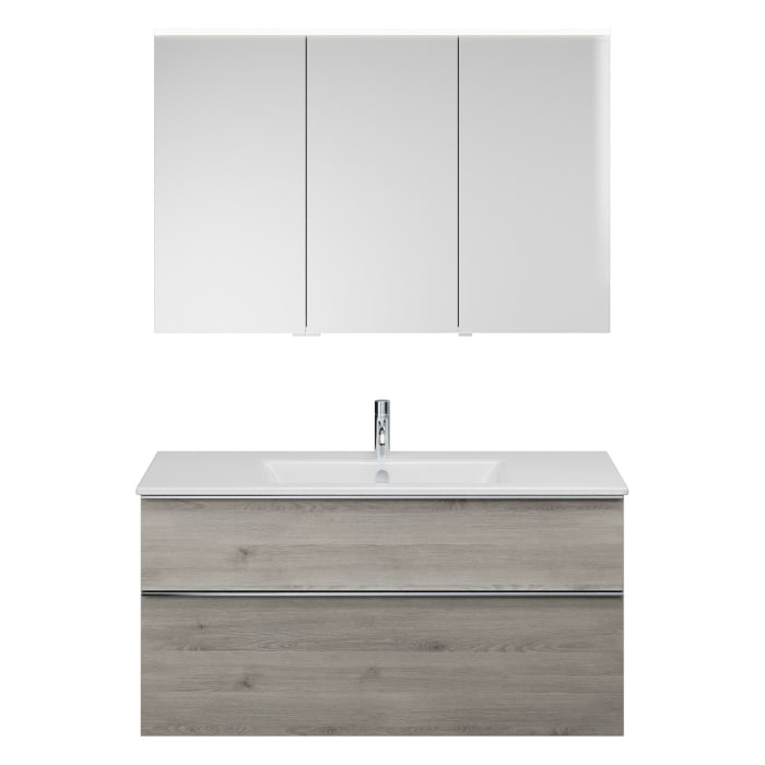 burgbad Eqio Badmöbel-Set 122 cm mit Keramik-Waschtisch Slim und Unterschrank mit Griffleiste G0251, mit Spiegelschrank