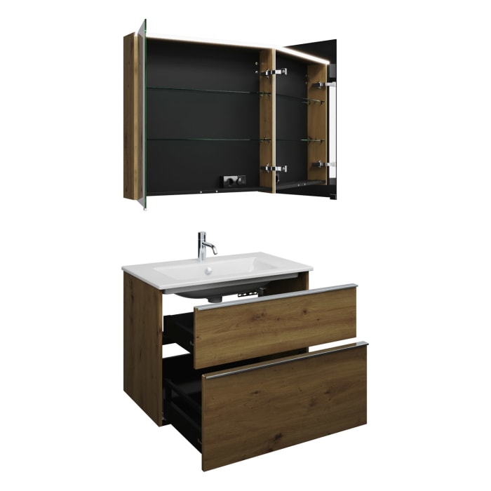 burgbad Eqio Badmöbel-Set 82 cm mit Keramik-Waschtisch Slim und Unterschrank mit Griffleiste G0251, mit Spiegelschrank