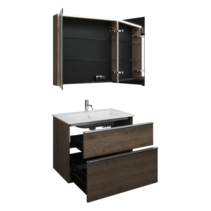 burgbad Eqio Badmöbel-Set 82 cm mit Keramik-Waschtisch Slim und Unterschrank mit Griffleiste G0251, mit Spiegelschrank