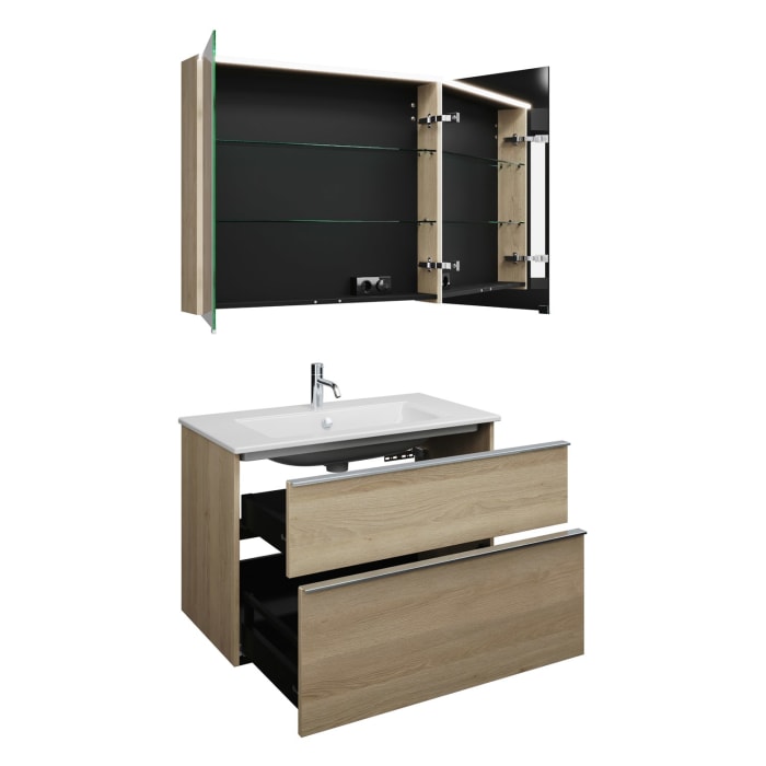 burgbad Eqio Badmöbel-Set 92 cm mit Keramik-Waschtisch Slim und Unterschrank mit Griffleiste G0251, mit Spiegelschrank