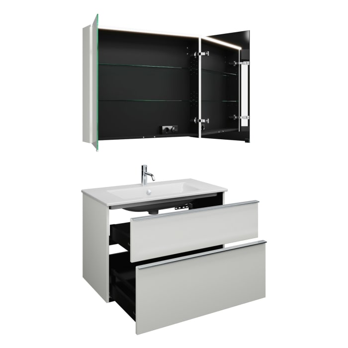 burgbad Eqio Badmöbel-Set 92 cm mit Keramik-Waschtisch Slim und Unterschrank mit Griffleiste G0251, mit Spiegelschrank