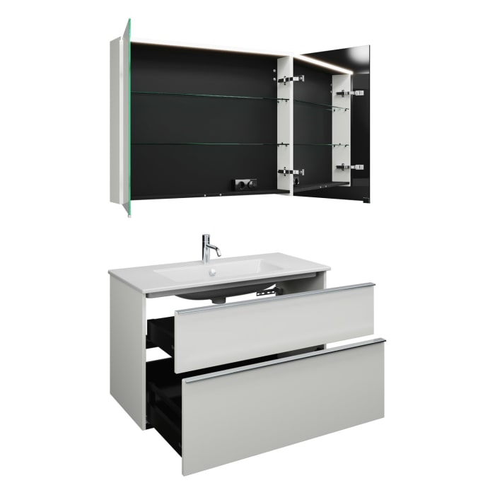 burgbad Eqio Badmöbel-Set 102 cm mit Keramik-Waschtisch Slim und Unterschrank mit Griffleiste G0251, mit Spiegelschrank