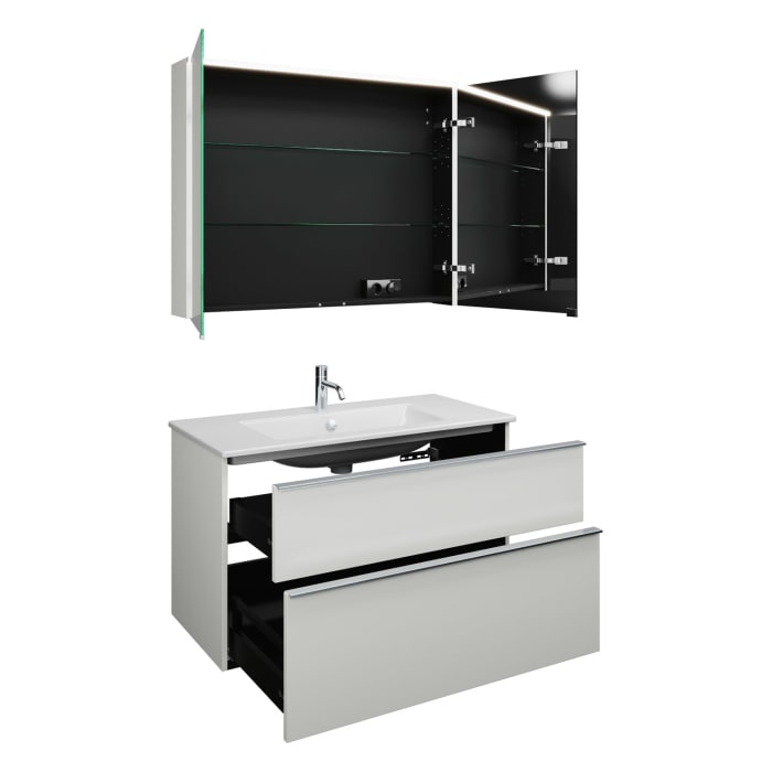 burgbad Eqio Badmöbel-Set 102 cm mit Keramik-Waschtisch Slim und Unterschrank mit Griffleiste G0251, mit Spiegelschrank