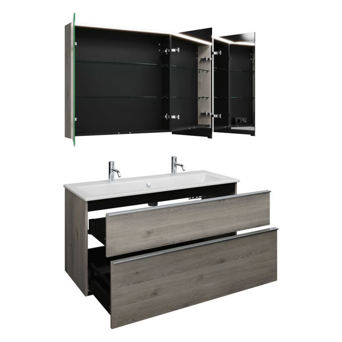 burgbad Eqio Badmöbel-Set 122 cm mit Keramik-Waschtisch Slim und Unterschrank mit Griffleiste G0251, mit Spiegelschrank