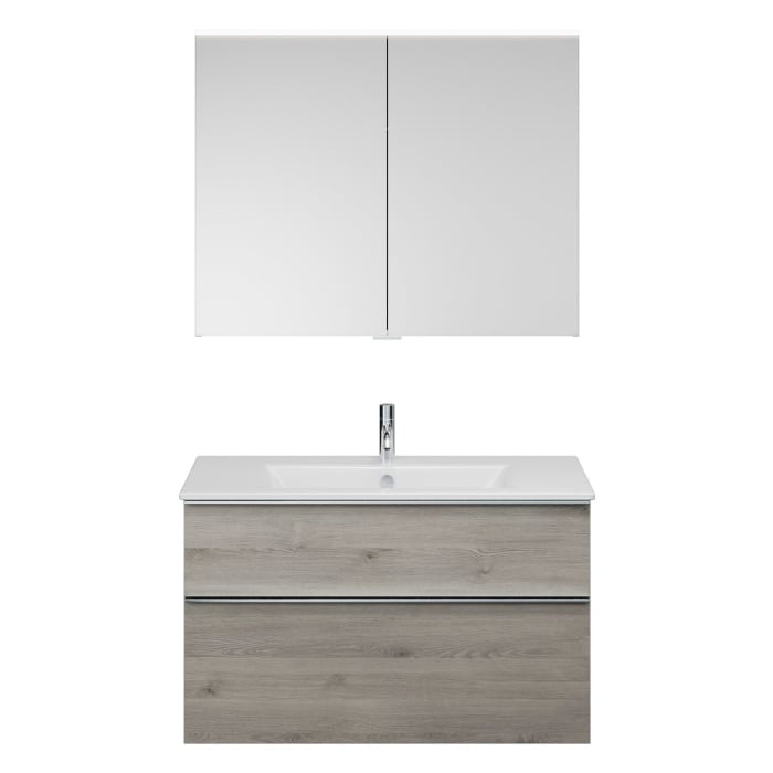 burgbad Eqio Badmöbel-Set 102 cm mit Keramik-Waschtisch Slim und Unterschrank mit Griffleiste G0251, mit Spiegelschrank