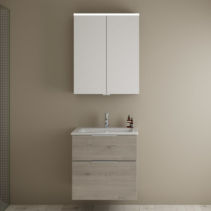 burgbad Eqio Badmöbel-Set 65 cm mit Keramik-Waschtisch Slim und Unterschrank mit Griff G0146, mit Spiegelschrank