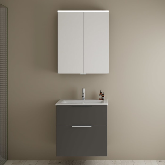 burgbad Eqio Badmöbel-Set 65 cm mit Keramik-Waschtisch Slim und Unterschrank mit Griff G0146, mit Spiegelschrank