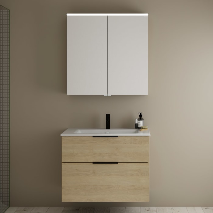 burgbad Eqio Badmöbel-Set 82 cm mit Keramik-Waschtisch Slim und Unterschrank mit Griff G0200, mit Spiegelschrank