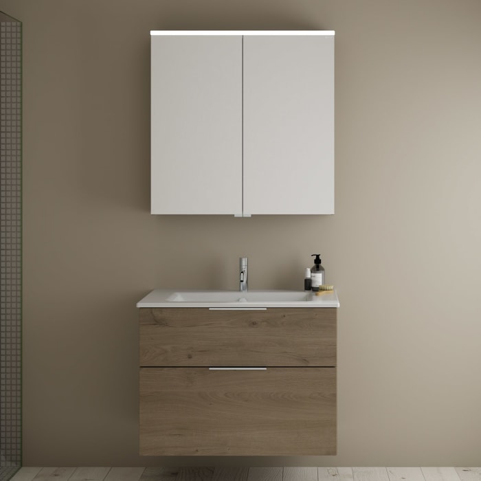 burgbad Eqio Badmöbel-Set 82 cm mit Keramik-Waschtisch Slim und Unterschrank mit Griff G0146, mit Spiegelschrank