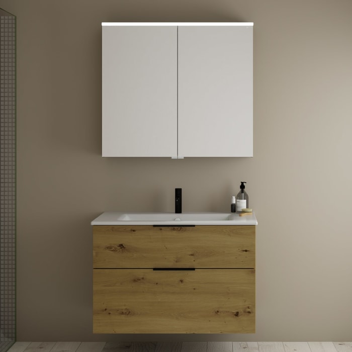 burgbad Eqio Badmöbel-Set 92 cm mit Keramik-Waschtisch Slim und Unterschrank mit Griff G0200, mit Spiegelschrank