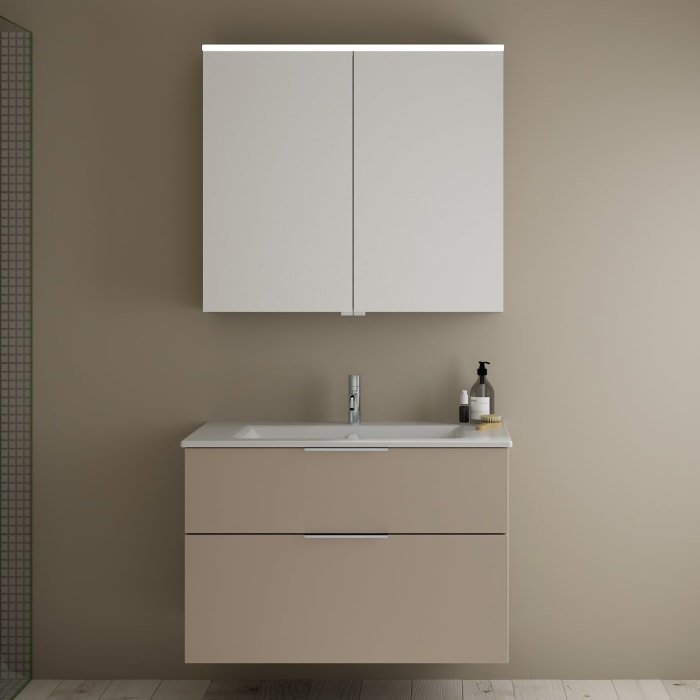 burgbad Eqio Badmöbel-Set 92 cm mit Keramik-Waschtisch Slim und Unterschrank mit Griff G0146, mit Spiegelschrank